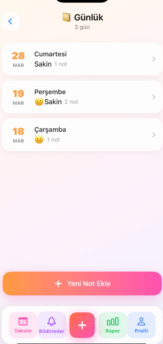 Notlar & Özel Günler ekranı
