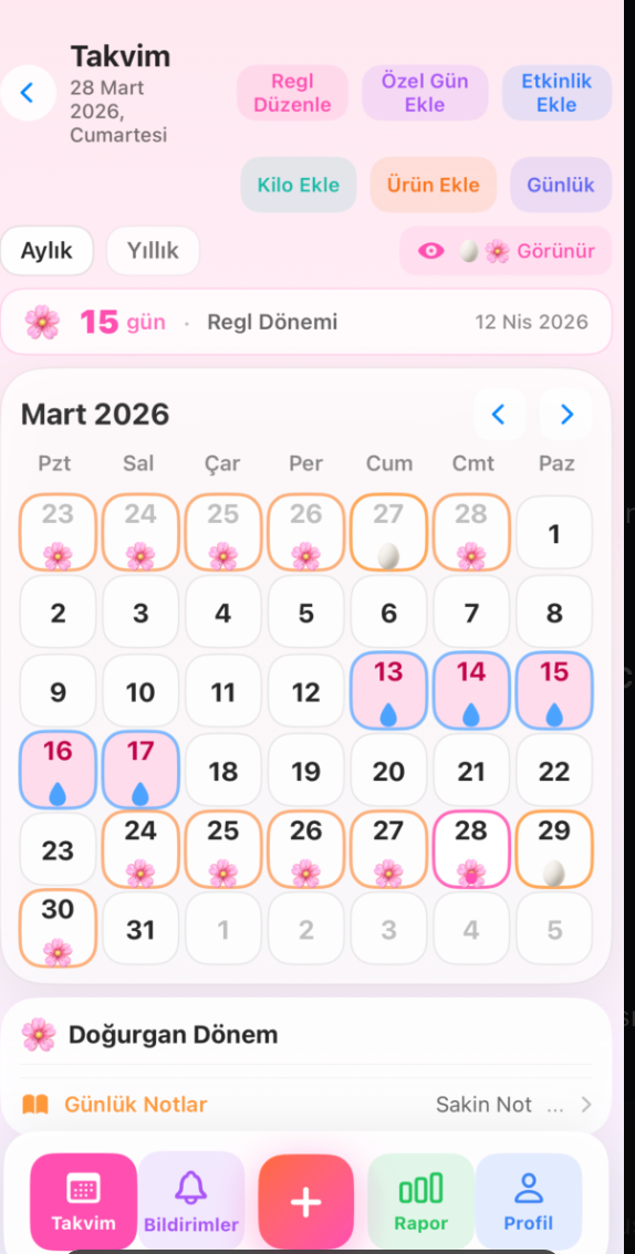 Takvim & Döngü Takibi ekranı